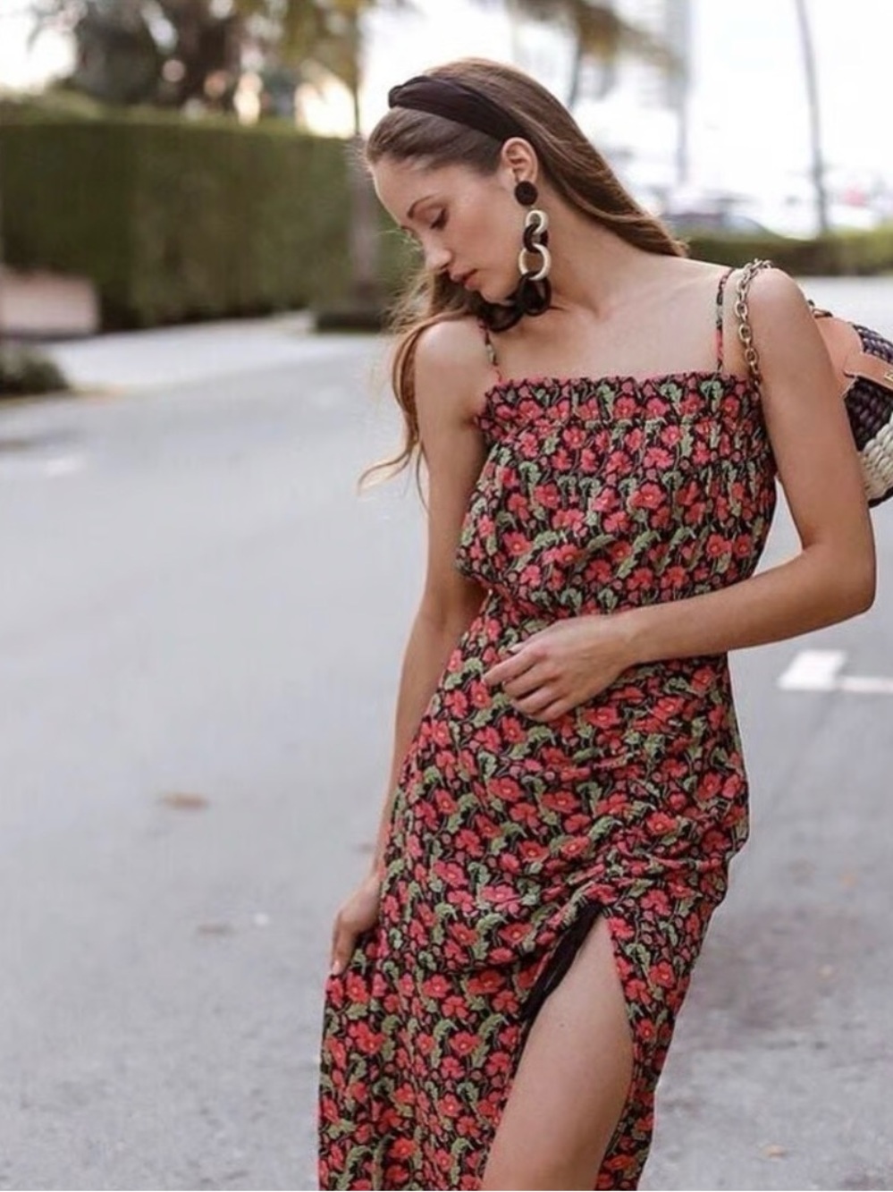 Elliat Regal Cinched Strap Ruffled Neck Midi Dress Floral Print  Side Slit Large